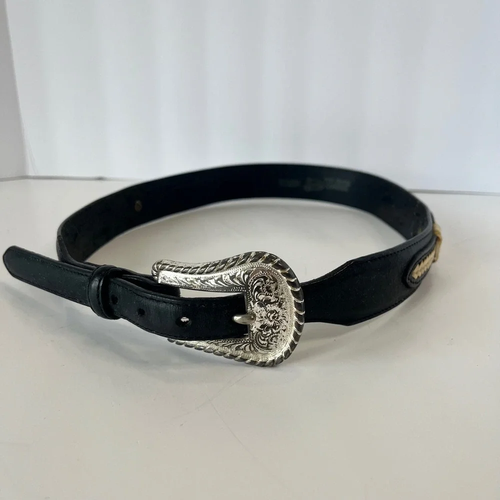 VTG Justin Mens Black Top Grain Cowhide Western Belt Rawhide Whipstitch 702BK 30